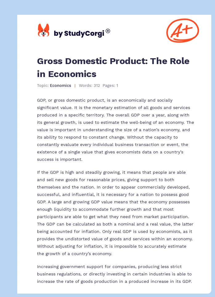 Gross Domestic Product: The Role in Economics. Page 1