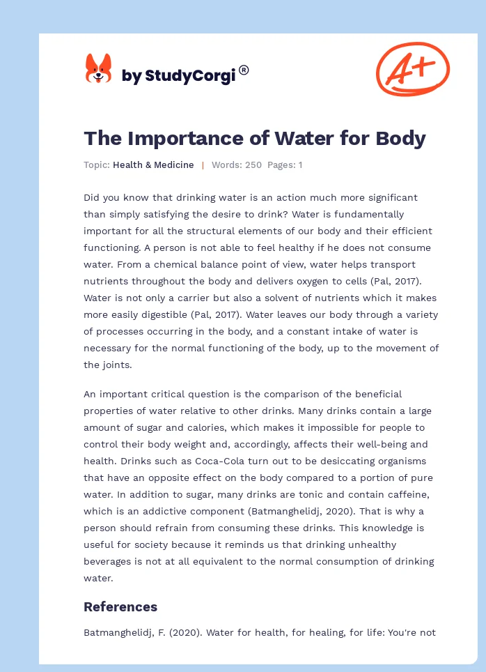 The Importance of Water for Body. Page 1