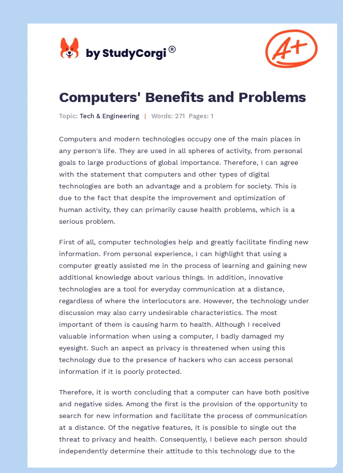 Computers' Benefits and Problems. Page 1