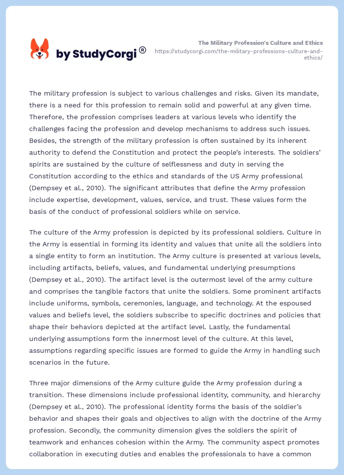 The Military Profession's Culture and Ethics. Page 2