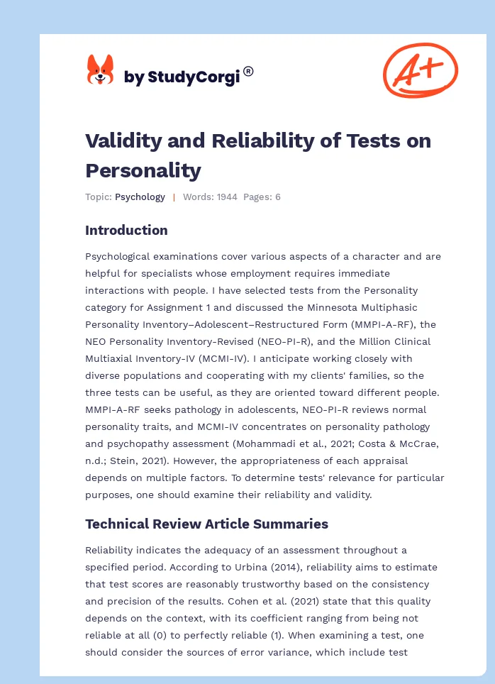 Validity and Reliability of Tests on Personality. Page 1