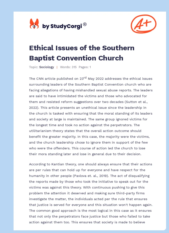 Ethical Issues of the Southern Baptist Convention Church. Page 1