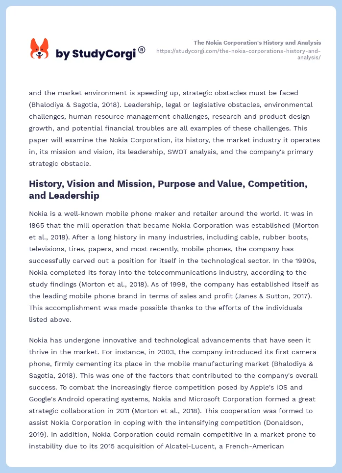 The Nokia Corporation's History and Analysis. Page 2