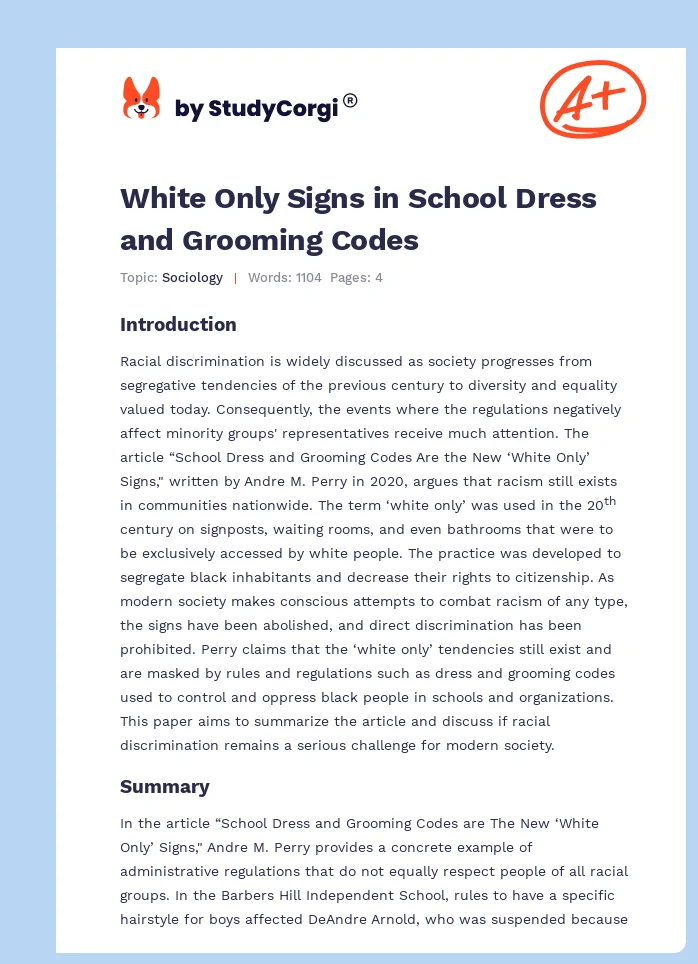 White Only Signs in School Dress and Grooming Codes. Page 1