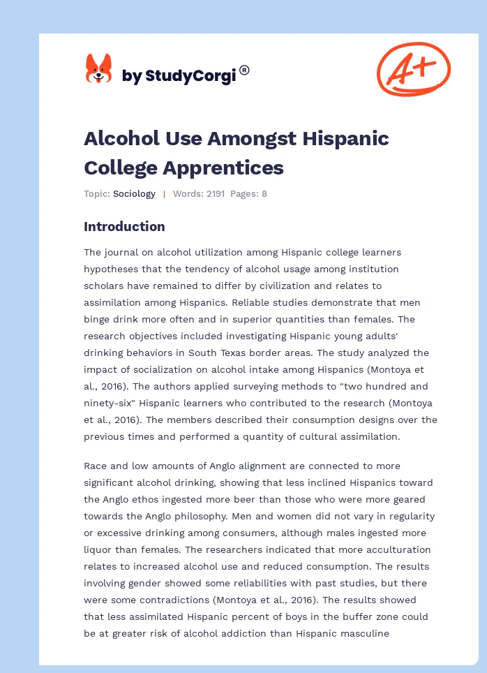 Alcohol Use Amongst Hispanic College Apprentices. Page 1