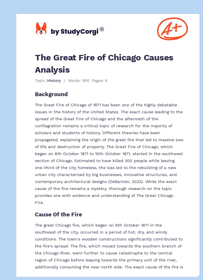 The Great Fire of Chicago Causes Analysis. Page 1