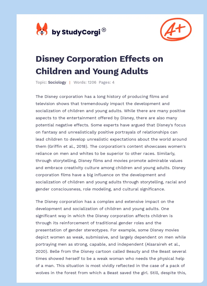 Disney Corporation Effects on Children and Young Adults. Page 1