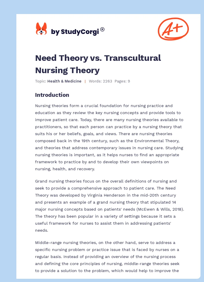 Need Theory vs. Transcultural Nursing Theory. Page 1