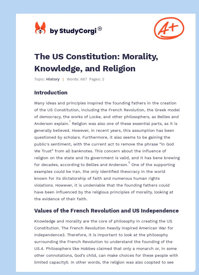The US Constitution: Morality, Knowledge, and Religion. Page 1