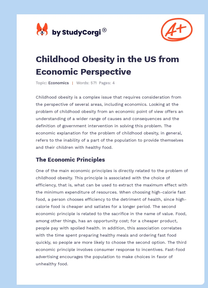 Childhood Obesity in the US from Economic Perspective. Page 1