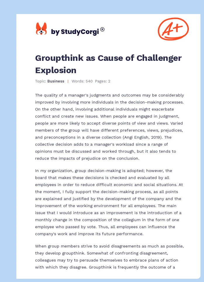 Groupthink as Cause of Challenger Explosion. Page 1