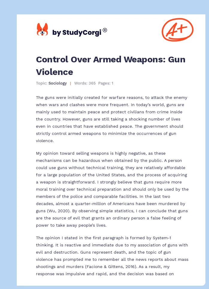 Control Over Armed Weapons: Gun Violence. Page 1