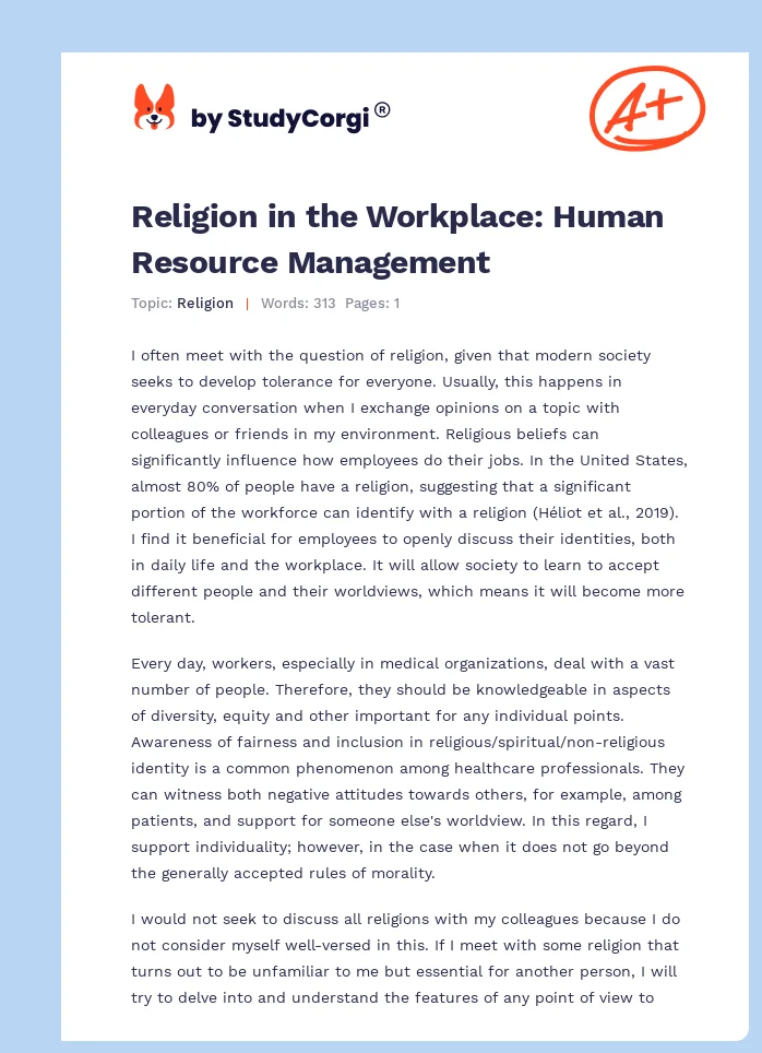 Religion in the Workplace: Human Resource Management. Page 1