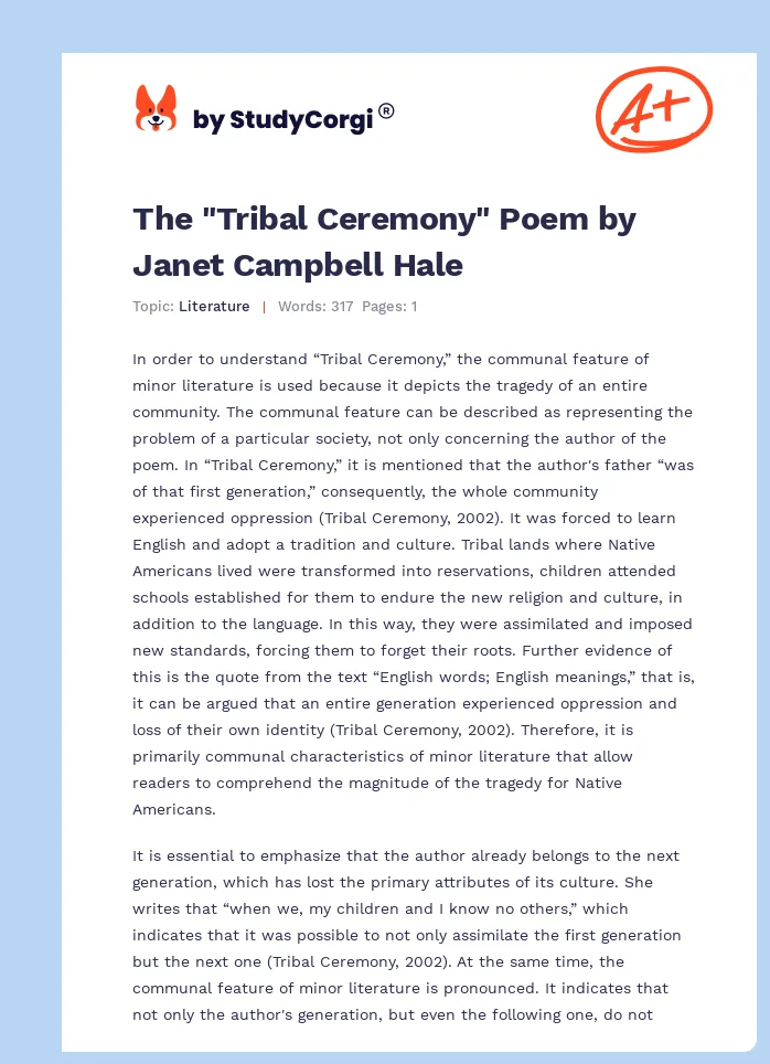 The "Tribal Ceremony" Poem by Janet Campbell Hale. Page 1