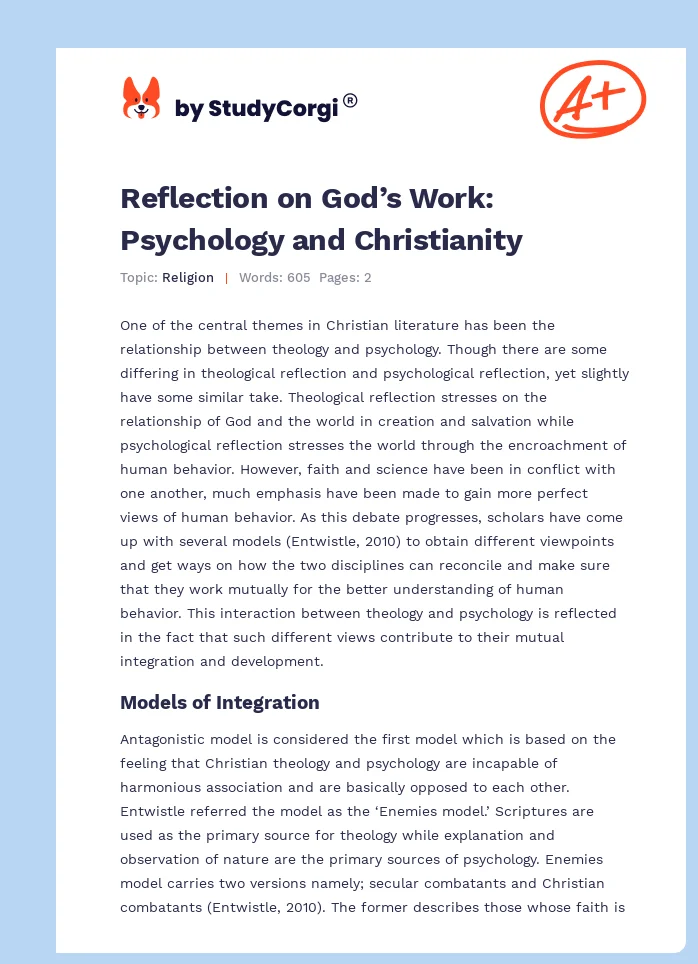 Reflection on God’s Work: Psychology and Christianity. Page 1