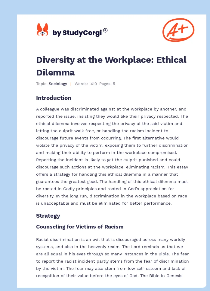 Diversity at the Workplace: Ethical Dilemma. Page 1