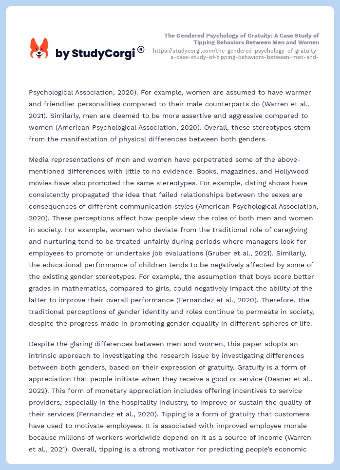 The Gendered Psychology of Gratuity: A Case Study of Tipping Behaviors Between Men and Women. Page 2