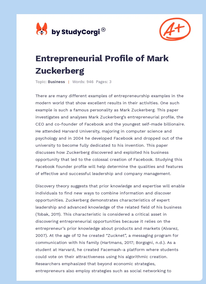 Entrepreneurial Profile of Mark Zuckerberg. Page 1