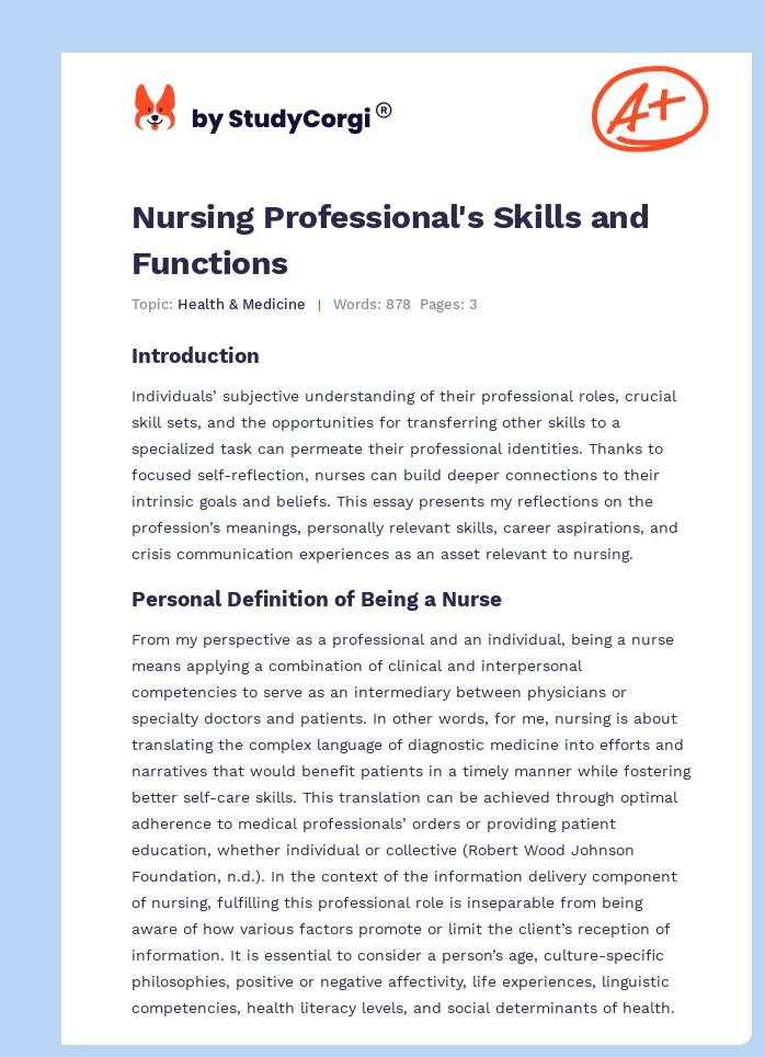 Nursing Professional's Skills and Functions. Page 1