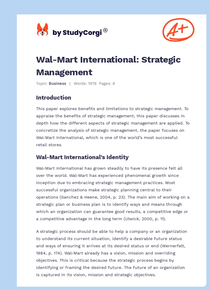 Wal-Mart International: Strategic Management. Page 1