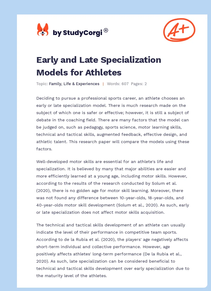 Early and Late Specialization Models for Athletes. Page 1