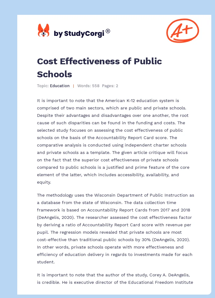 Cost Effectiveness of Public Schools. Page 1