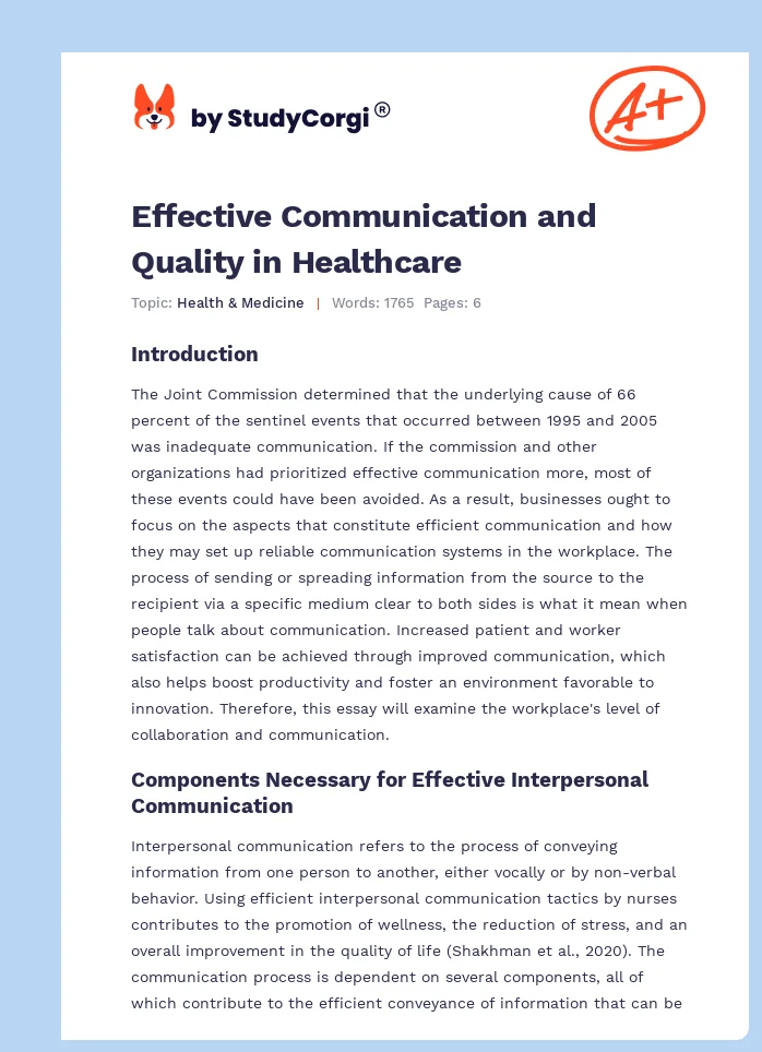 Effective Communication and Quality in Healthcare. Page 1