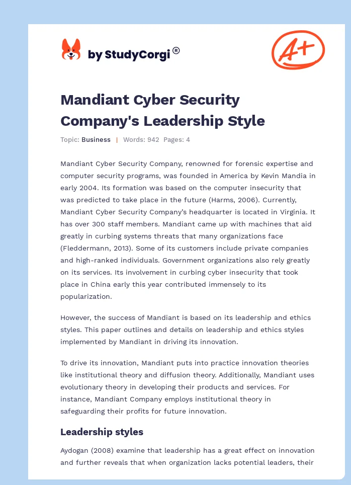 Mandiant Cyber Security Company's Leadership Style. Page 1