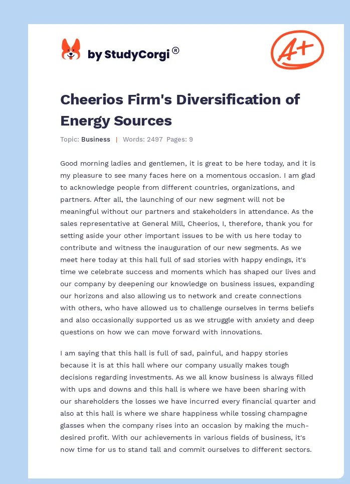 Cheerios Firm's Diversification of Energy Sources. Page 1