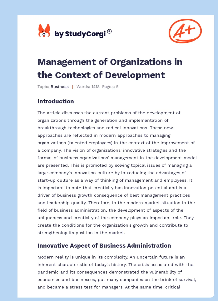 Management of Organizations in the Context of Development. Page 1