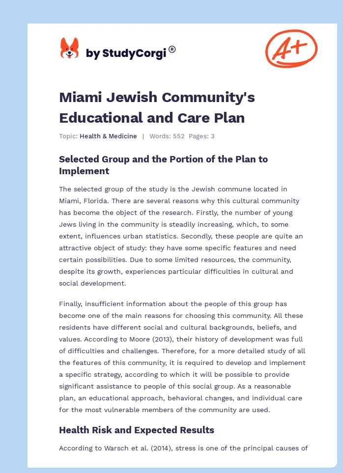 Miami Jewish Community's Educational and Care Plan. Page 1
