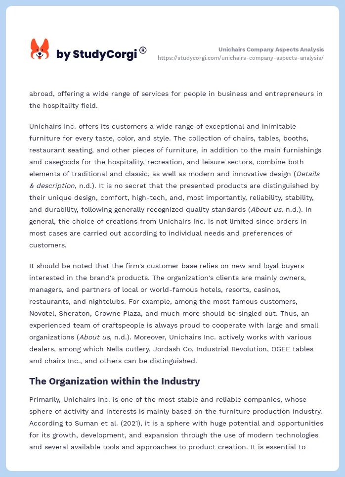 Unichairs Company Aspects Analysis. Page 2