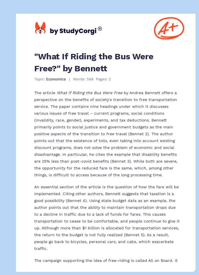 "What If Riding the Bus Were Free?" by Bennett. Page 1
