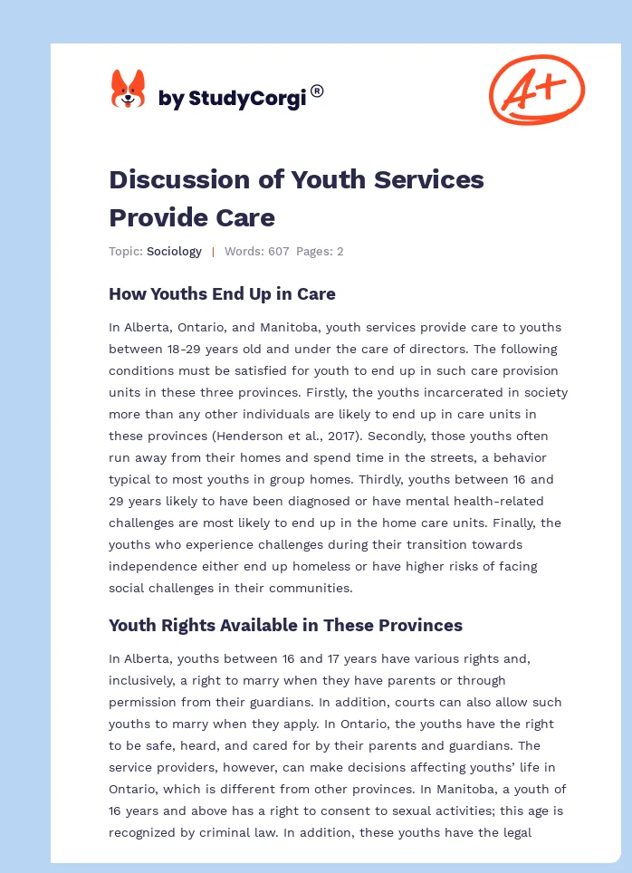 Discussion of Youth Services Provide Care. Page 1