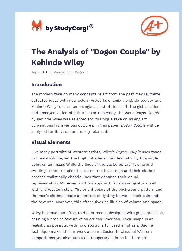 The Analysis of "Dogon Couple" by Kehinde Wiley. Page 1