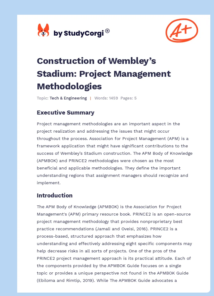Construction of Wembley’s Stadium: Project Management Methodologies. Page 1