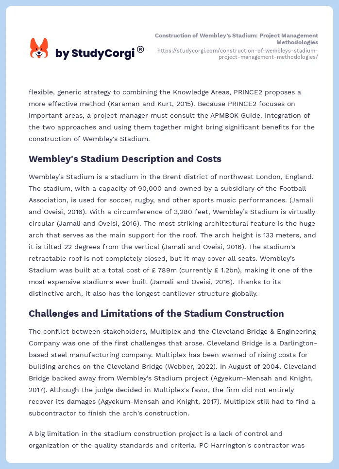 Construction of Wembley’s Stadium: Project Management Methodologies. Page 2