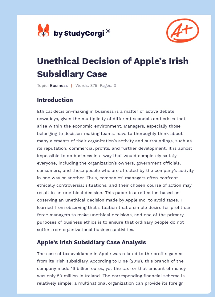 Unethical Decision of Apple’s Irish Subsidiary Case. Page 1