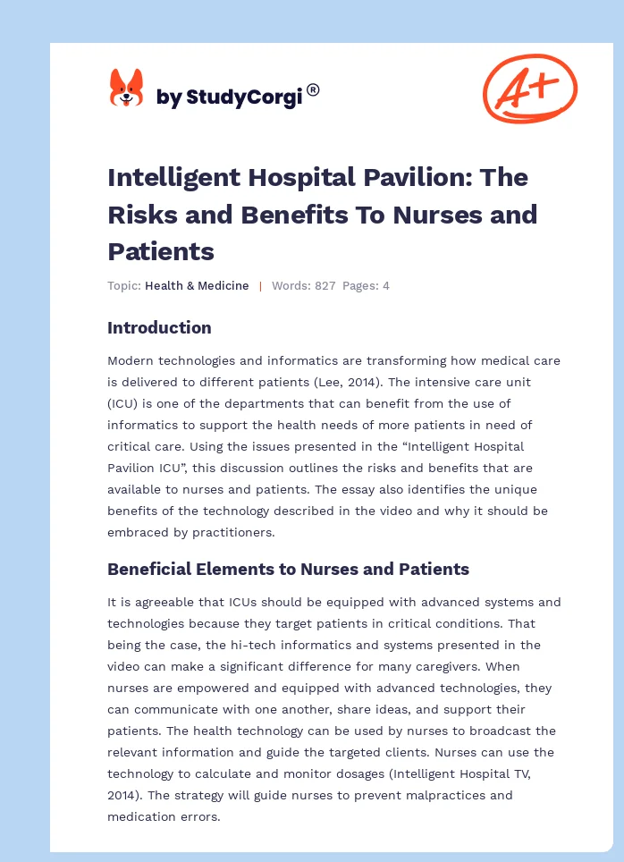 Intelligent Hospital Pavilion: The Risks and Benefits To Nurses and Patients. Page 1