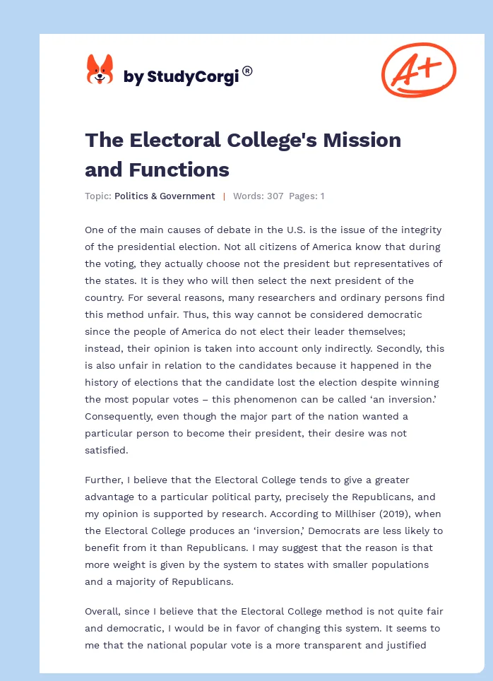 The Electoral College's Mission and Functions. Page 1