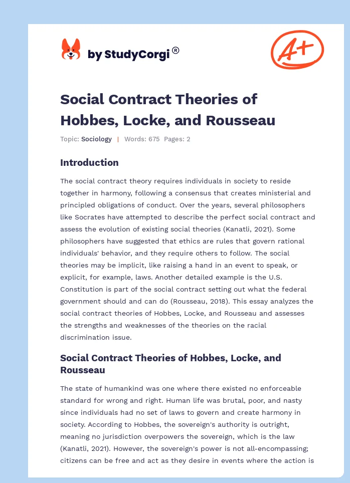 Social Contract Theories of Hobbes, Locke, and Rousseau. Page 1