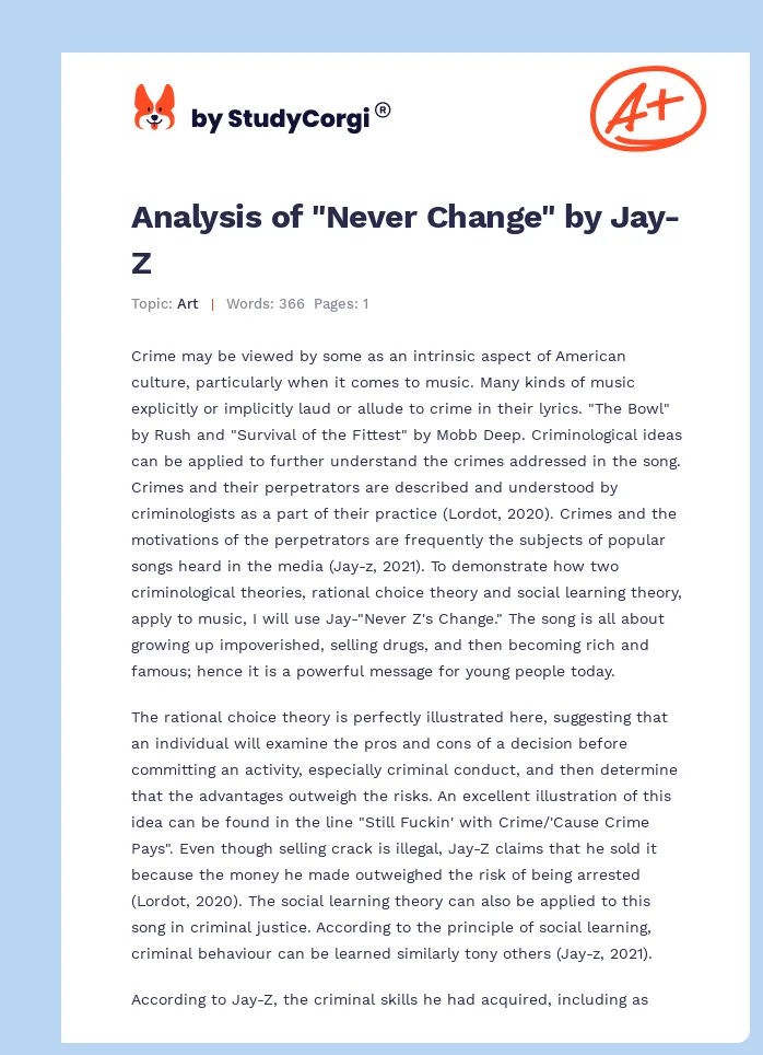 Analysis of "Never Change" by Jay-Z. Page 1