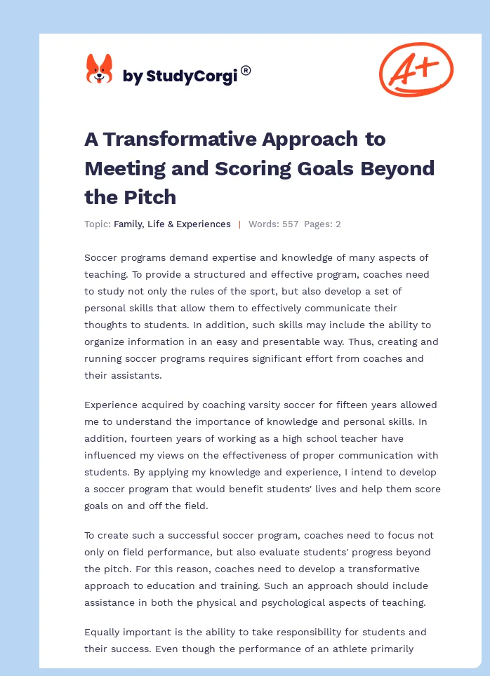 A Transformative Approach to Meeting and Scoring Goals Beyond the Pitch. Page 1