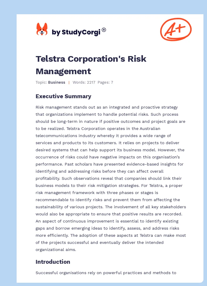 Telstra Corporation's Risk Management. Page 1