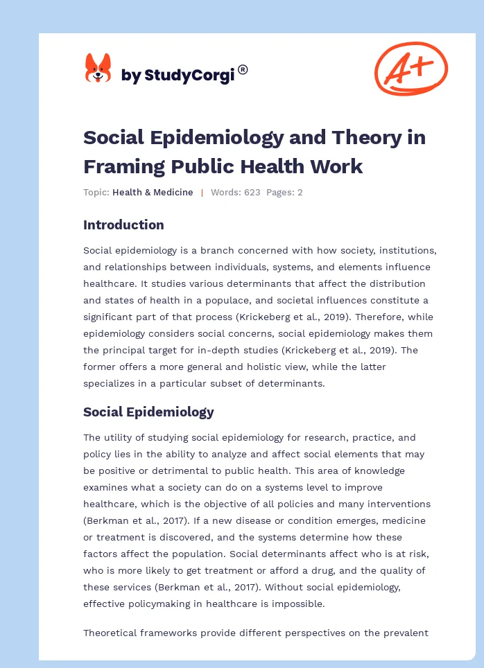 Social Epidemiology and Theory in Framing Public Health Work. Page 1