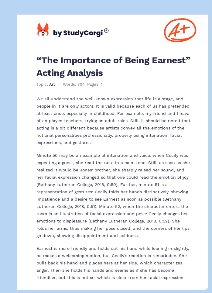 “The Importance of Being Earnest” Acting Analysis. Page 1