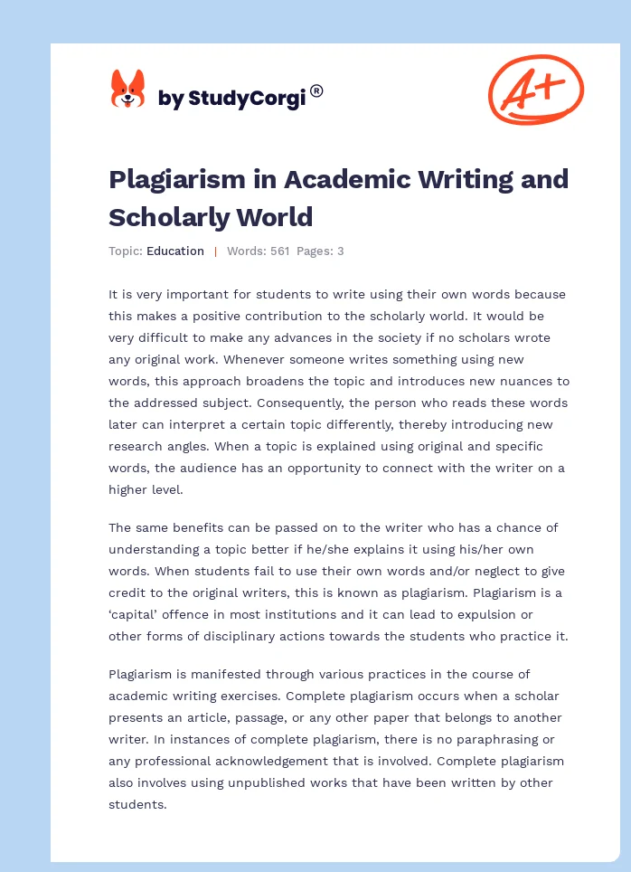 Plagiarism in Academic Writing and Scholarly World. Page 1