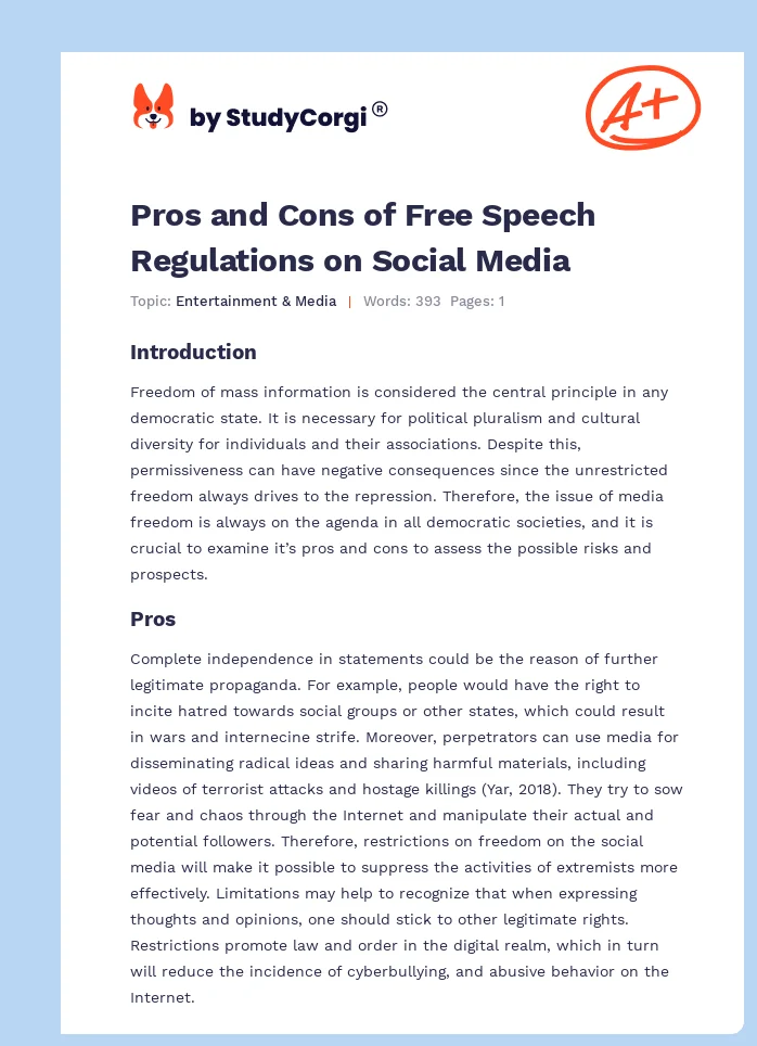Pros and Cons of Free Speech Regulations on Social Media. Page 1