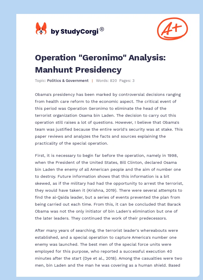 Operation "Geronimo" Analysis: Manhunt Presidency. Page 1