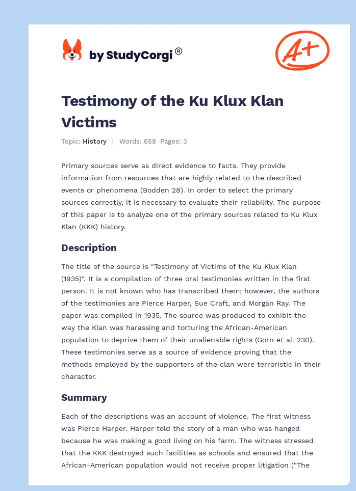 Testimony of the Ku Klux Klan Victims. Page 1